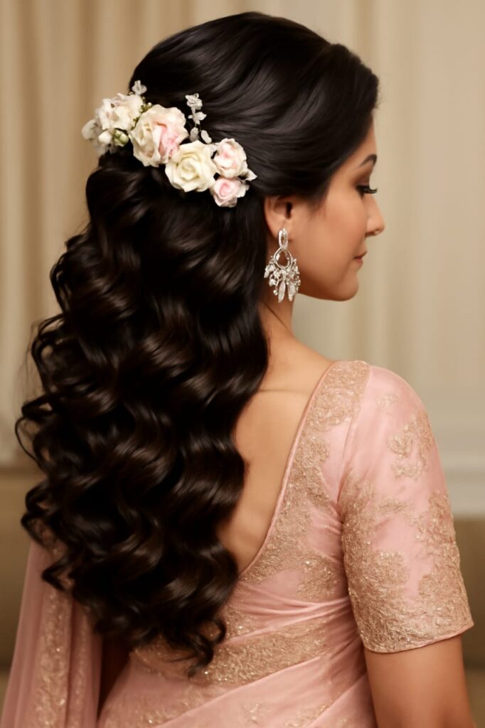 side swept curls with flowers